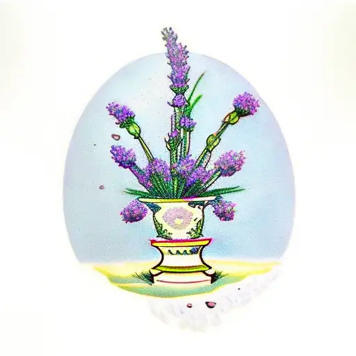 Vase with cracks and a broken piece. Inside are ivy and lavender plants tattoo design idea