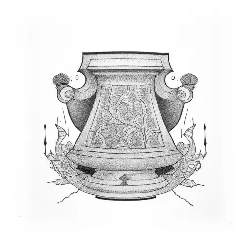 ancient Vase with cracks and a broken piece. Inside are ivy and lavender plants tattoo design idea