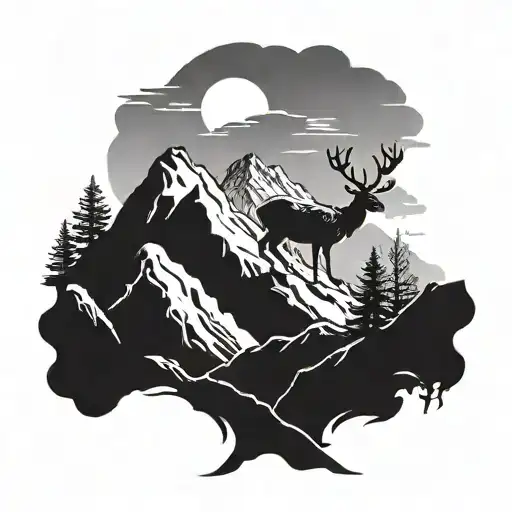 A silhouette of a deer standing on a mountaintop, with a trail leading up to it symbolizing hiking and family adventures tattoo design idea