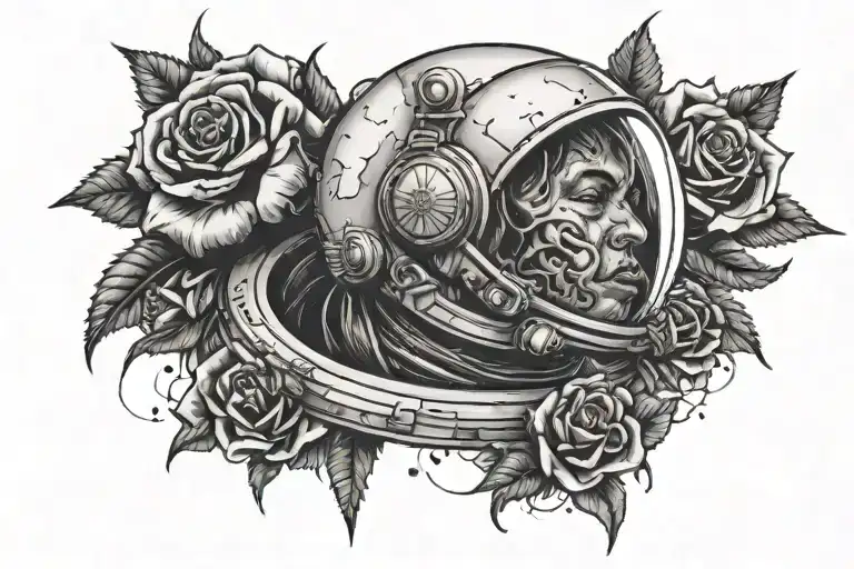 rose spikes around the astronaut's neck  tattoo design idea