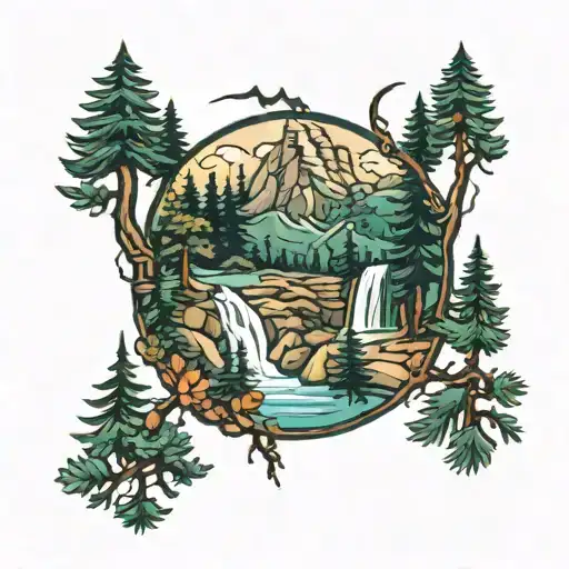 Oregon, pine trees, waterfalls tattoo design idea