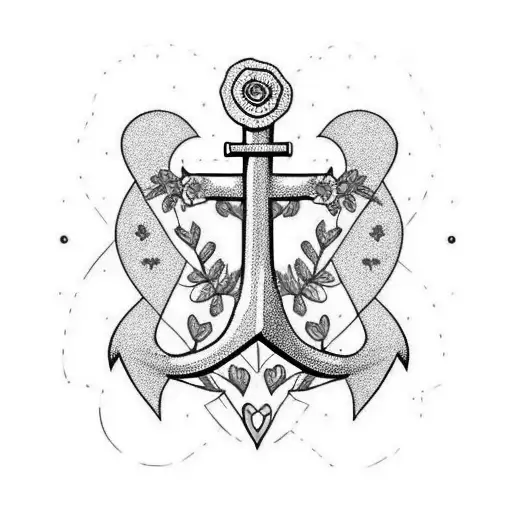 floral Anchor with heart  tattoo design idea