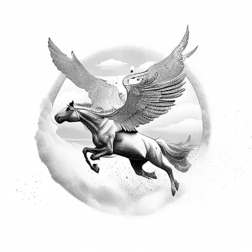 A dreamy landscape with a horse flying alongside a soaring eagle tattoo design idea