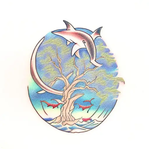 willow tree with shark tattoo design idea