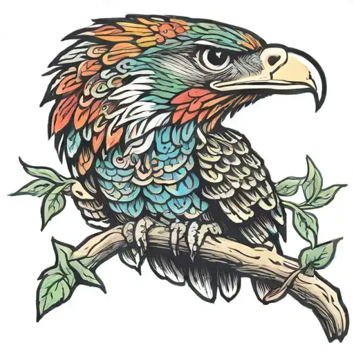 Hawk with bandanna smoking Cuban cigar on branch over looking sunrise bold colors tattoo design idea
