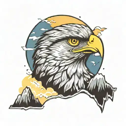 Stoic Hawk smoking cigar over mountian sunrise Colors  tattoo design idea