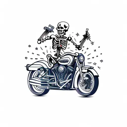 skeleton on motorcycle with liquor bottle in one hand and pistol in the other tattoo design idea