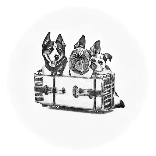 A blackwork tattoo of a family of dogs traveling the world in a vintage suitcase, representing your love for dogs, family, and travel tattoo design idea