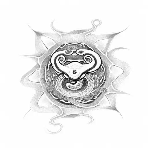 snake with small spider lilies and swirls and a mangekyou sharingan a within it tattoo design idea