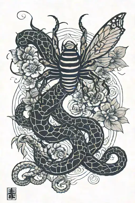 spider and snake and butterfly tattoo design idea