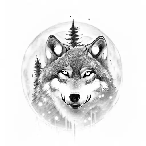 A wolf howling at the moon in a snowy forest tattoo design idea