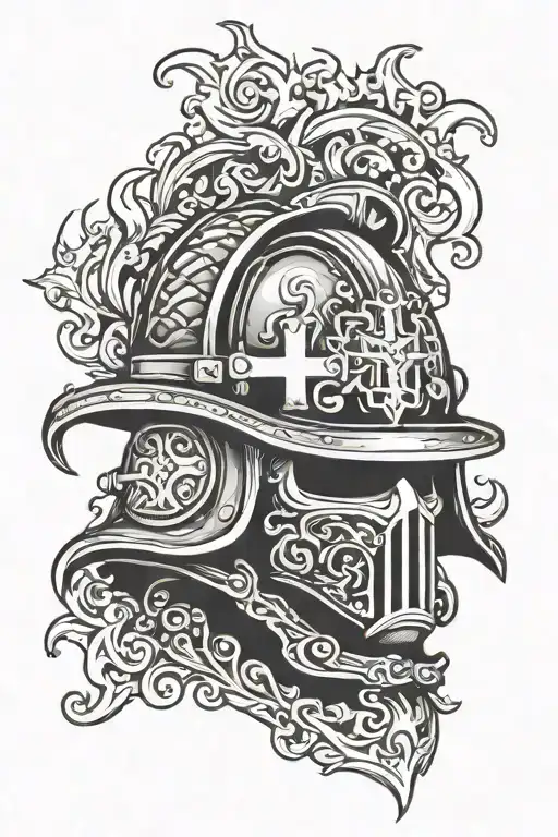 a fire helmet and cross tattoo design idea