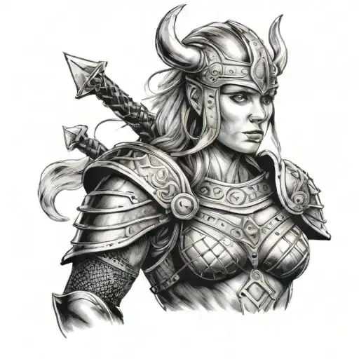 Female Viking warrior with a breastplate adorned with cancer ribbon symbols tattoo design idea
