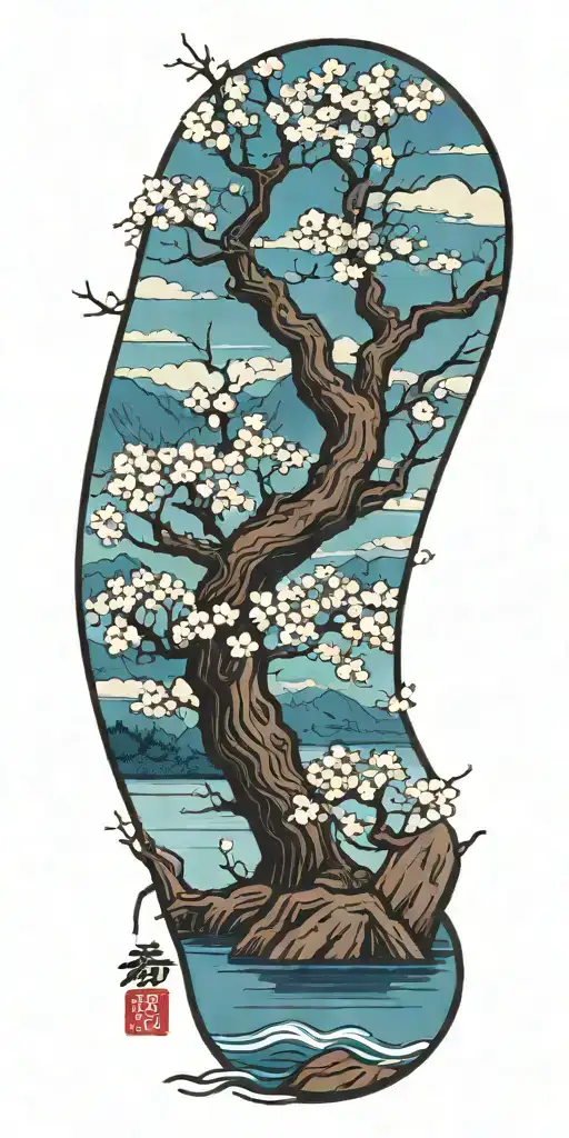 cherry blossom tree at a lake tattoo design idea