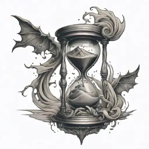 A broken hourglass leaking darkness instead of sand, symbolizing the passage of time filled with negativity tattoo design idea