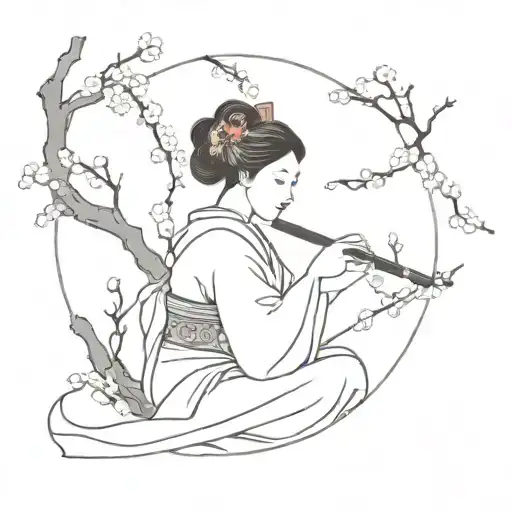 Geisha playing a traditional Japanese instrument surrounded by cherry blossom petals tattoo design idea