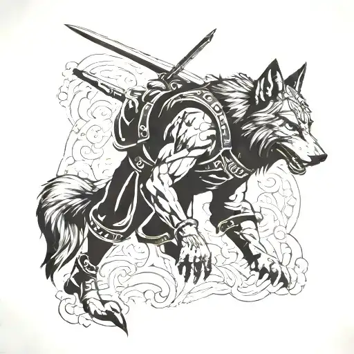 A tattoo featuring a warrior who has killed a wolf and is wearing its pelt.     tattoo design idea