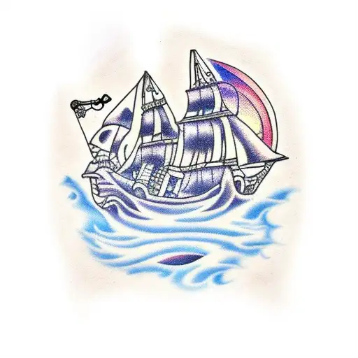 sunrise pirate ship tattoo design idea
