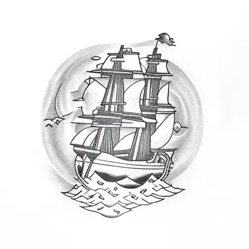 pirate ship going into sunrise tattoo design idea