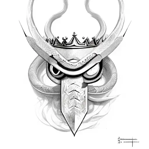 facing down sword with three crowns on the blade with a bushmaster snake wrapped around it tattoo design idea