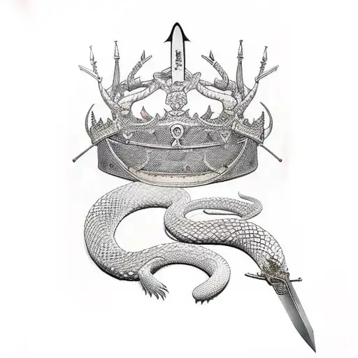 facing down sword with three crowns on the blade with a bushmaster snake wrapped around it tattoo design idea