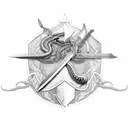 facing down sword with three crowns on the blade with a bushmaster snake wrapped around it tattoo design idea