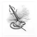 facing down sword with three crowns on the blade with a bushmaster snake wrapped around it tattoo design idea
