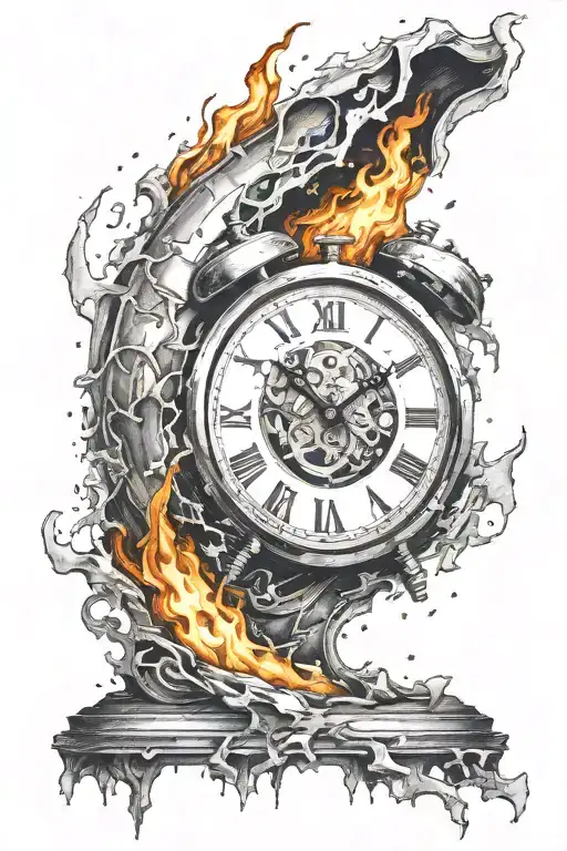  clock on fire with broken glass falling apart tattoo design idea