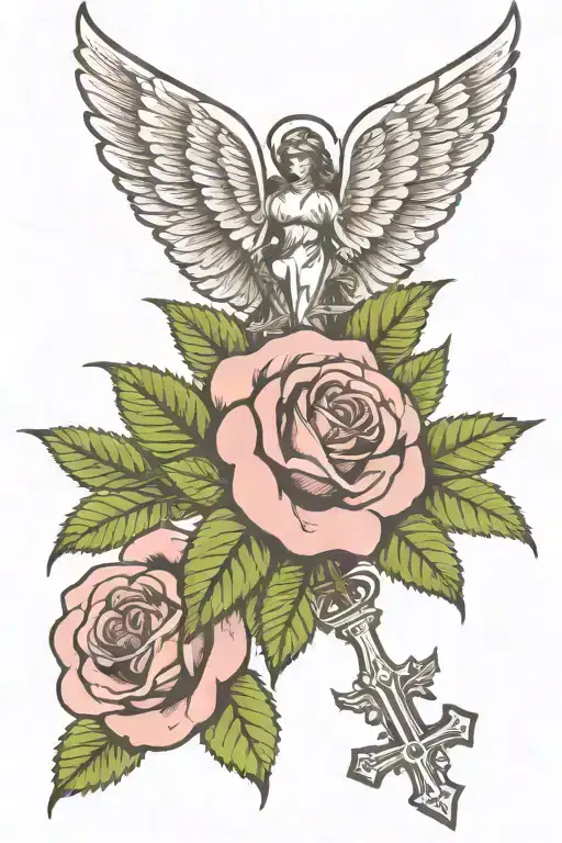 rose with marijuana leaves, angel wings, cross necklace tattoo design idea