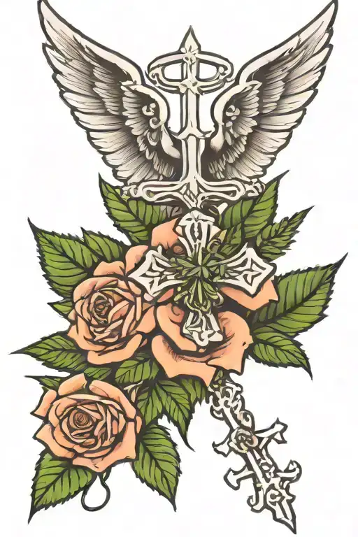 rose with marijuana leaves, angel wings, cross necklace tattoo design idea