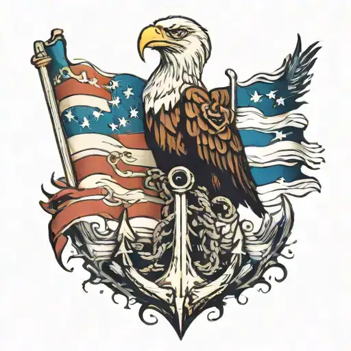 tattered American flag with an eagle perched on an old anchor. also include 2 mermaids  tattoo design idea