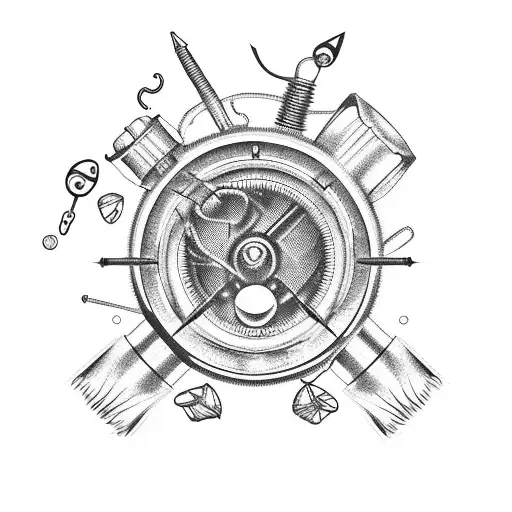 Motorcycle engine with fishing lures tattoo design idea