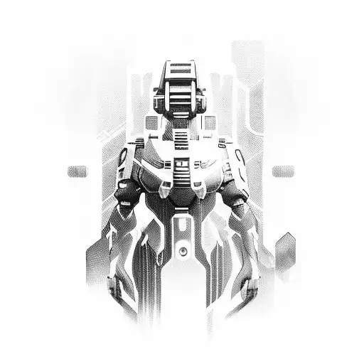 A futuristic cityscape with a gamer avatar exploring the virtual world of Halo 3 tattoo design idea