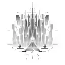 A futuristic cityscape with a gamer avatar exploring the virtual world of Halo 3 tattoo design idea