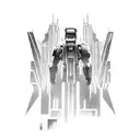 A futuristic cityscape with a gamer avatar exploring the virtual world of Halo 3 tattoo design idea