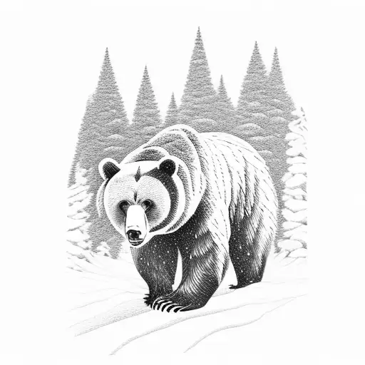 Bear In The Forest At Night and snow mountains tattoo design idea