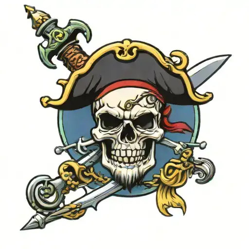 pirate skull with 2 crossed swordes and trident piercing tattoo design idea