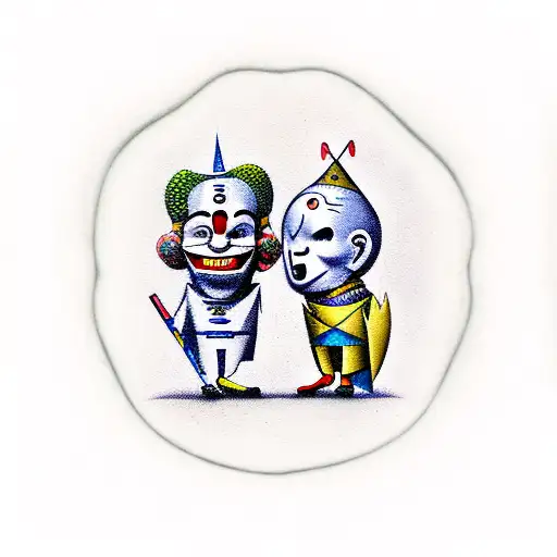 two mischievous jesters conspiring tattoo design idea