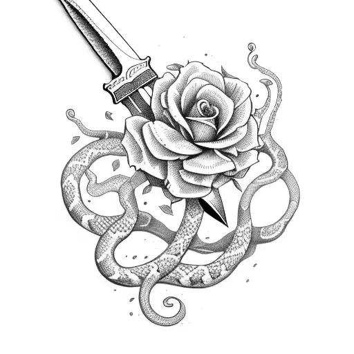 sword with flowers and a snake  tattoo design idea