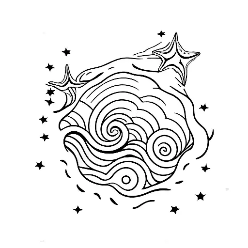 ocean wave with stars and dog paw print and stingray tattoo design idea