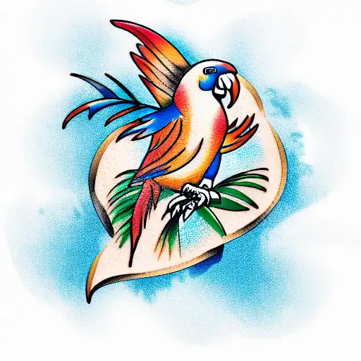 blue parrot in palm tree tattoo design idea