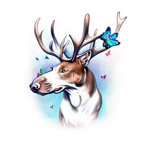red nosed pitbull with moose antlers and blue butterflies tattoo design idea