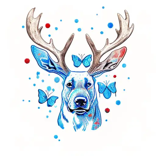 red nosed pitbull with moose antlers and blue butterflies tattoo design idea