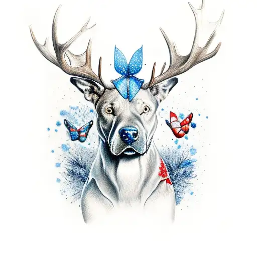 red nosed pitbull with moose antlers and blue butterflies tattoo design idea