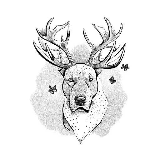 red nosed pitbull with moose antlers and blue butterflies tattoo design idea