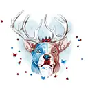 red nosed pitbull with moose antlers and blue butterflies tattoo design idea