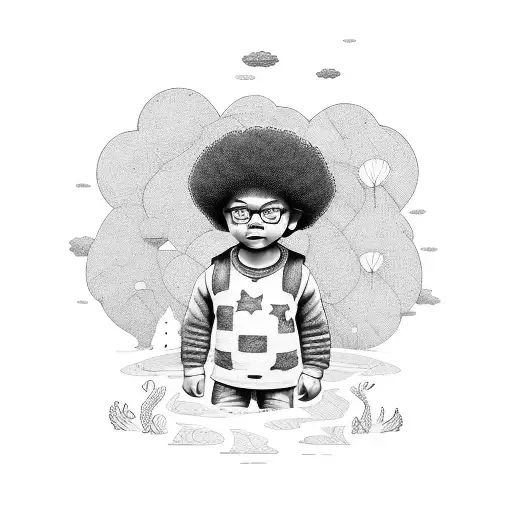 little boy with Afro walking on a road with different pathways representing good and evil tattoo design idea