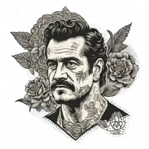 A dotwork design combining elements of Pablo Escobar's iconic image with Conor McGregor's fighting spirit tattoo design idea