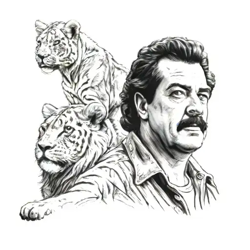 A portrait of Pablo Escobar with a lion standing next to him, representing his fearless and powerful persona tattoo design idea