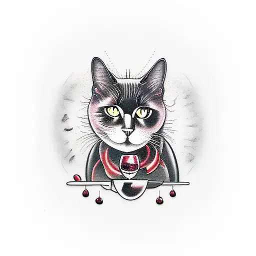 black cat with red wine and butchers knife tattoo design idea